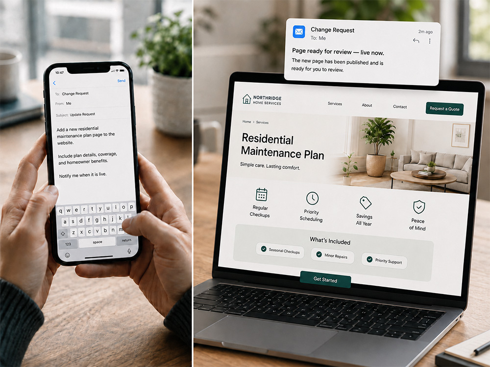 A change request emailed from a phone on the left, and the same site live on a laptop on the right with a notification reading: Page ready for review, live now